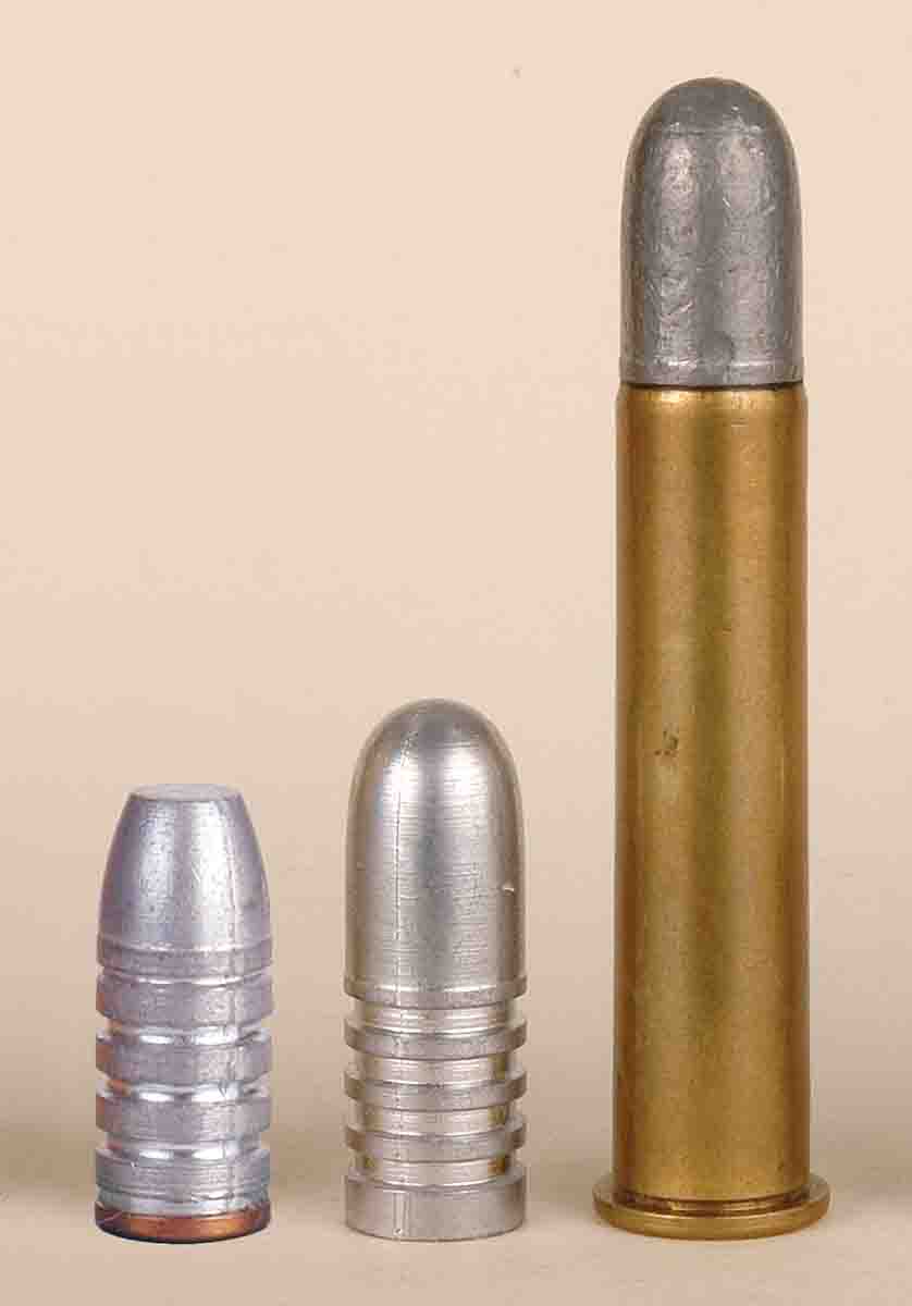 Preferred bullets for smokeless powder in all .45-70 loads is the RCBS 45-405-FN, gas-checked bullet (left), and Lyman’s 457125 is used for black-powder loads (center and right).